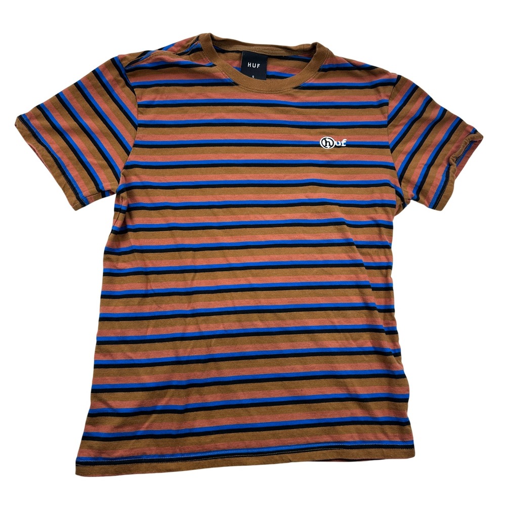 HUF Striped‎ T Shirt Brown Blue Black Crew Neck Short Sleeve Size S Preppy Y2K